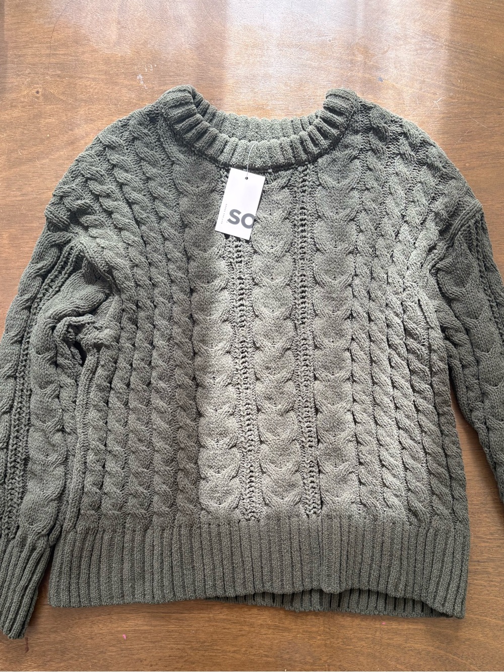 SO Olive Green Cable Knit Crewneck Sweater